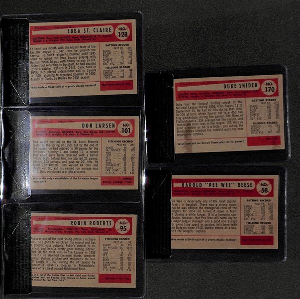 Lot of 5 - 1954 Bowman Robin Roberts #95, Don Larsen #101 RC, Ebba St. Claire #128, PeeWee Reese #58, Duke Snider #170 - BVG 6.0, 5.5, 4.5